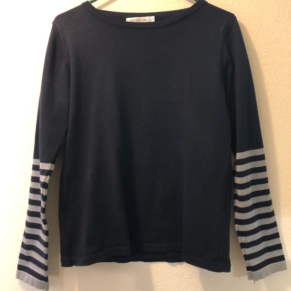 Navy Blue Sweater with Striped Sleeves